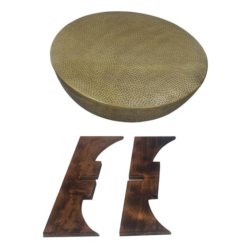 Arden Coffee Table, Round Hammered Metal Top, Mango Wood Base, Antique Brass