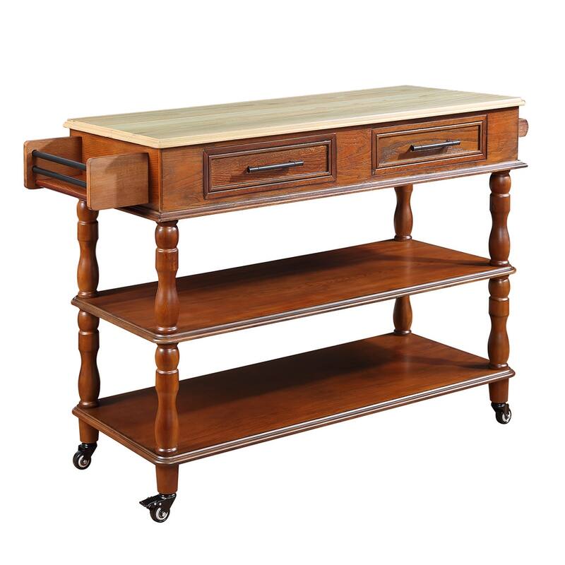 Rolling OAK Wood Top Kitchen Cart with Wine Rack and 2 Drawers