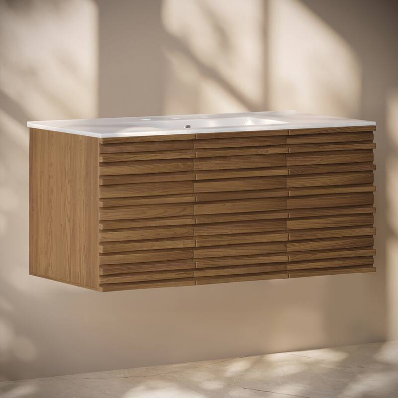 Cascade 48" Wall-Mounted Bathroom Vanity In Brown Oak With 3-Hole Widespread Sink Top - 48