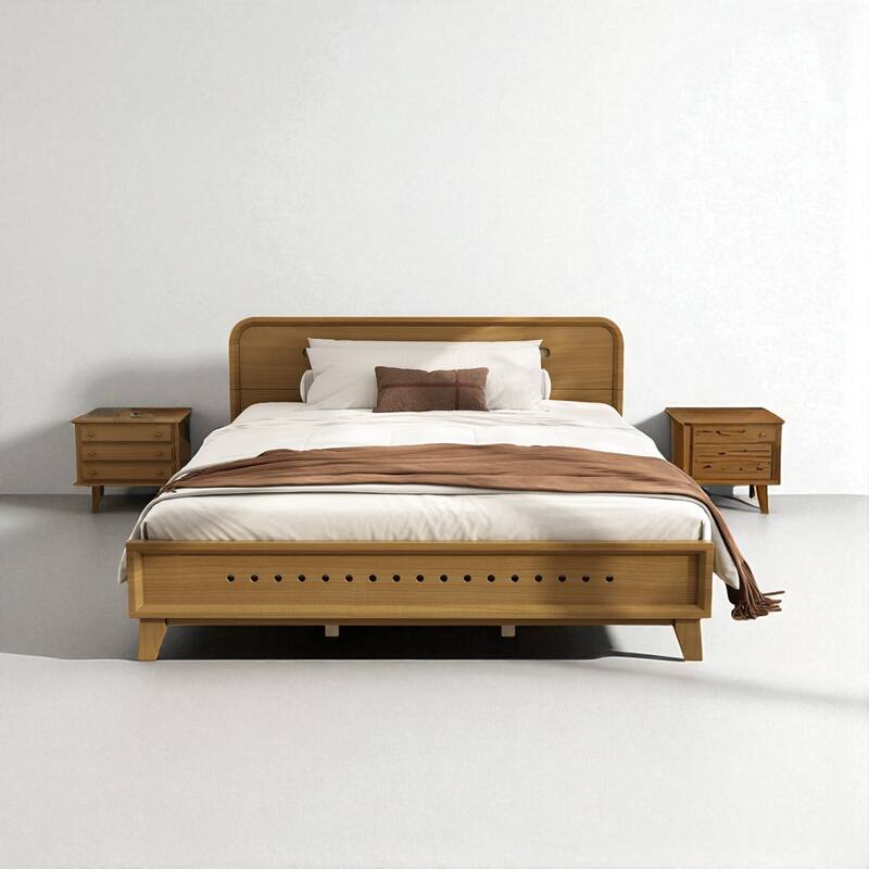 Queen/King Size Bed with Solid Pine Wood Frame, No Box Spring, Stable, Elegant Headboard - Rustic Yellow - Queen