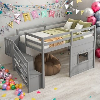 Twin Size Loft Bed with Storage Staircase and Window,Sturdy Wood Frame,Gray