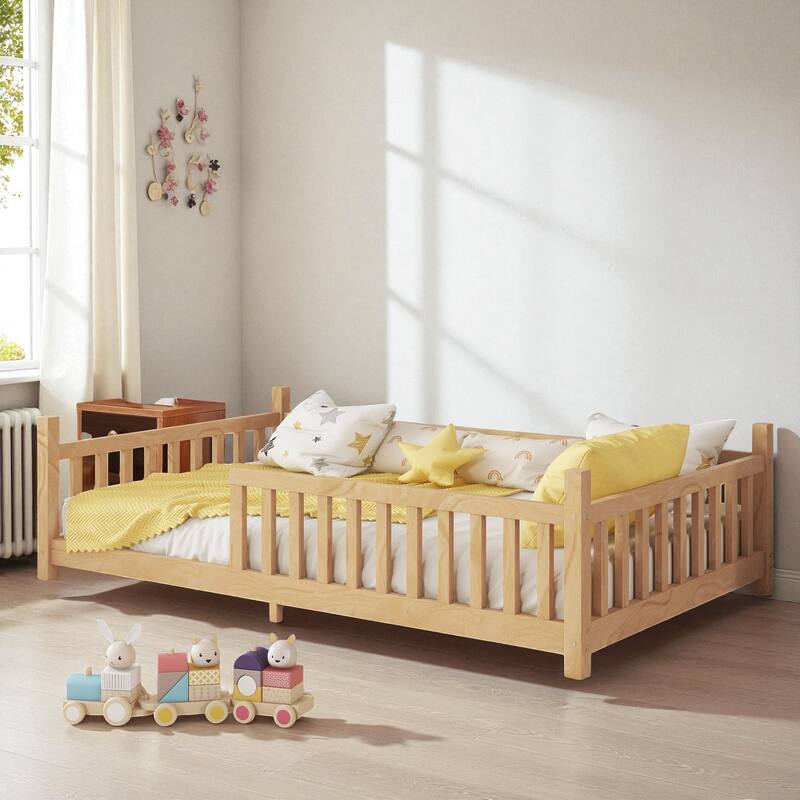 Twin/Full Size House Bed with LED Light and Fence, Wooden Low Floor Kids Bed Frame with Roof for Boys and Girls