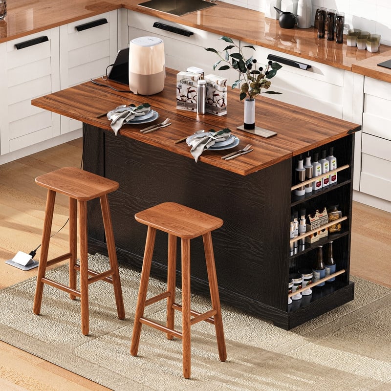 Farmhouse 53" Rolling Kitchen Cart on Wheels with Drop Leaf and Built-in Power Outlet