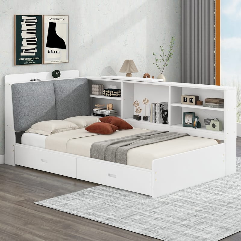 Wood Twin Size Platform Bed with Storage Headboard, Shelves and 2 Drawers, White