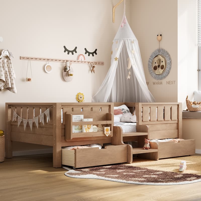 Multiple Colors Toddler Montessori Bed Children's Platform Bed with Low Profile Stairs, Built-in Bookshelf and Storage Drawers