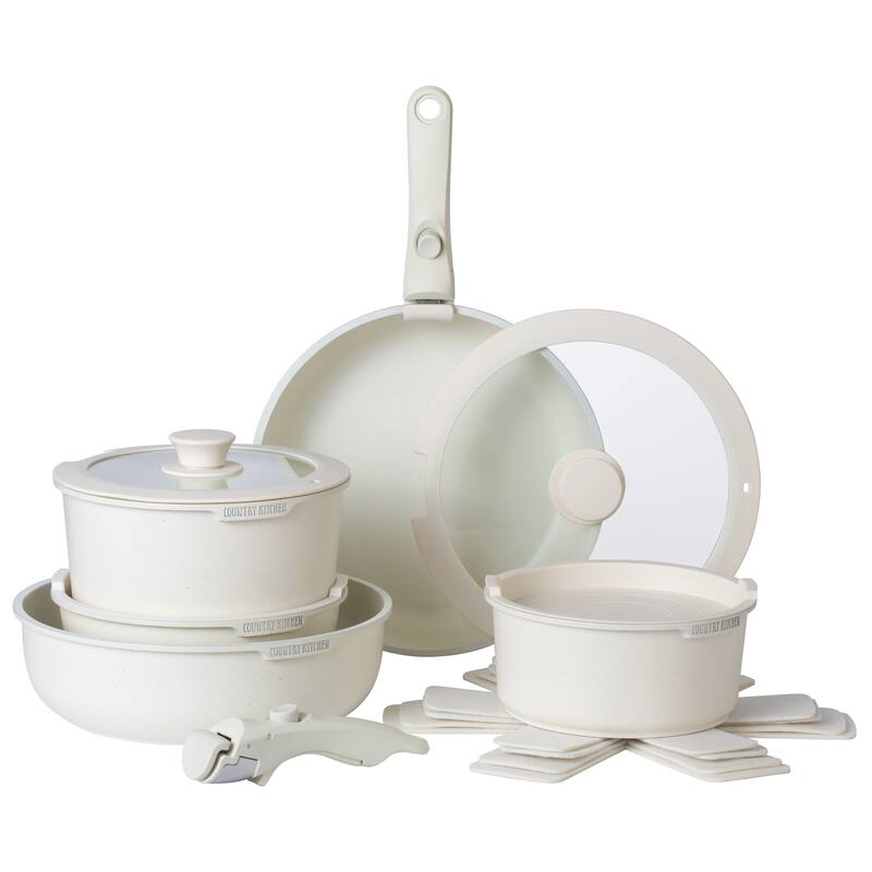 Country Kitchen RV Cookware- 13 Piece Aluminum Pots and Pans with Removable Handle Oven Safe - White