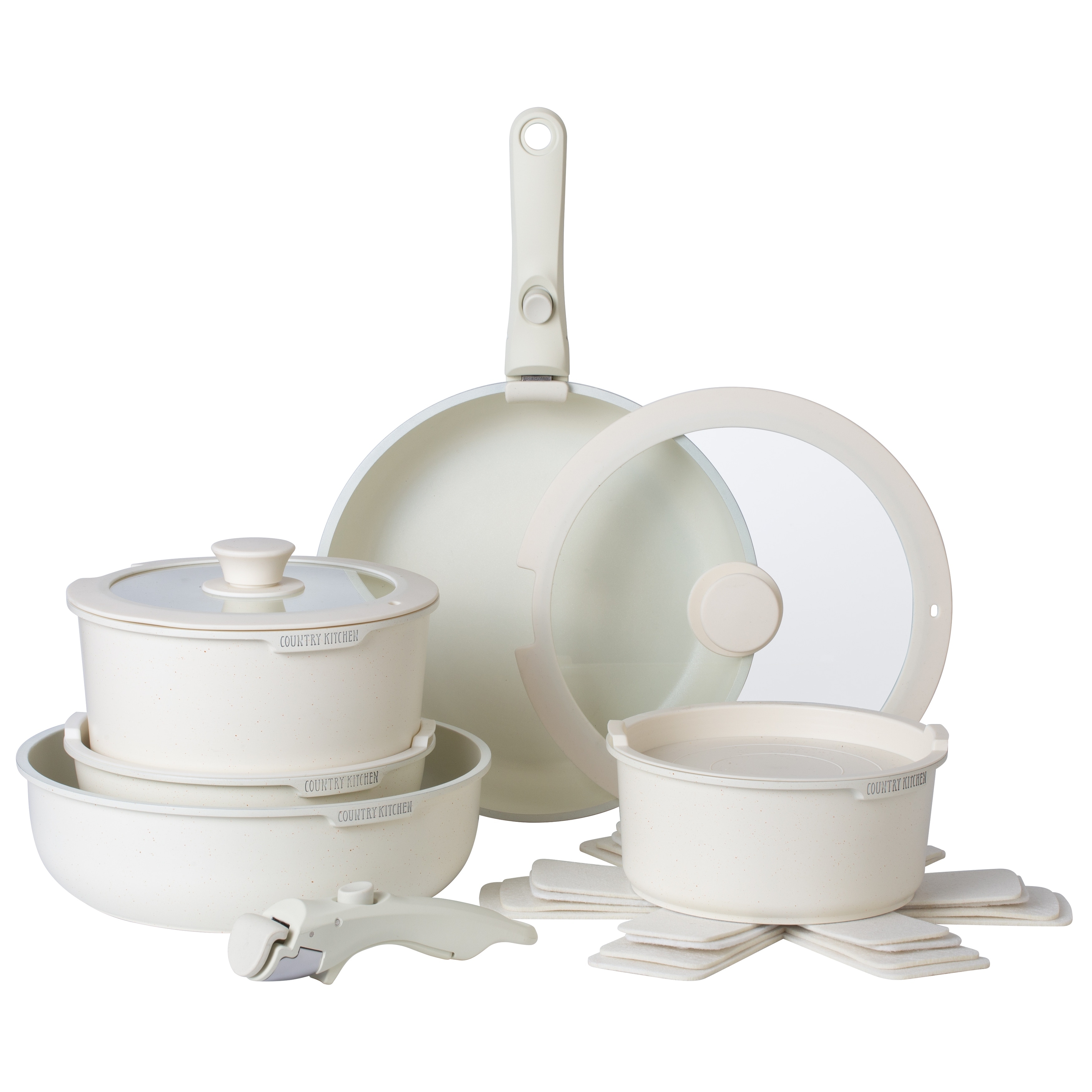 Country Kitchen RV Cookware- 13 Piece Aluminum Pots and Pans with Removable Handle Oven Safe