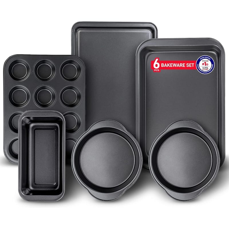 BAKKENMASTER Nonstick Baking Pan Set - Bakeware with Silicone Handles - Black - 6 Pieces