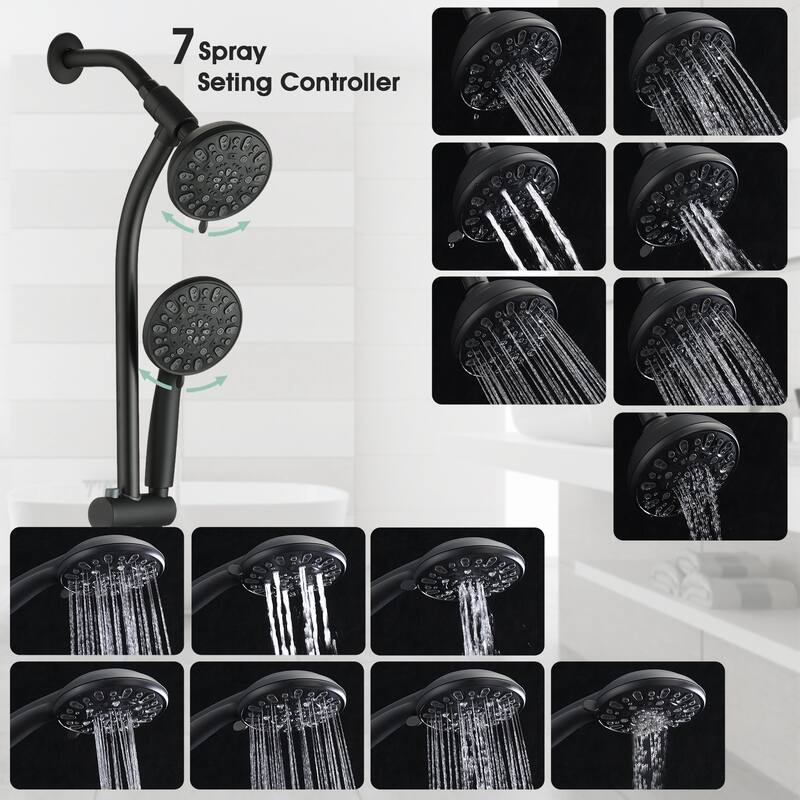 Drill-Free Stainless Steel Slide Bar Combo Rain Showerhead 7-Setting Hand, Dual Shower Head Spa System (Rough-in Valve Included)