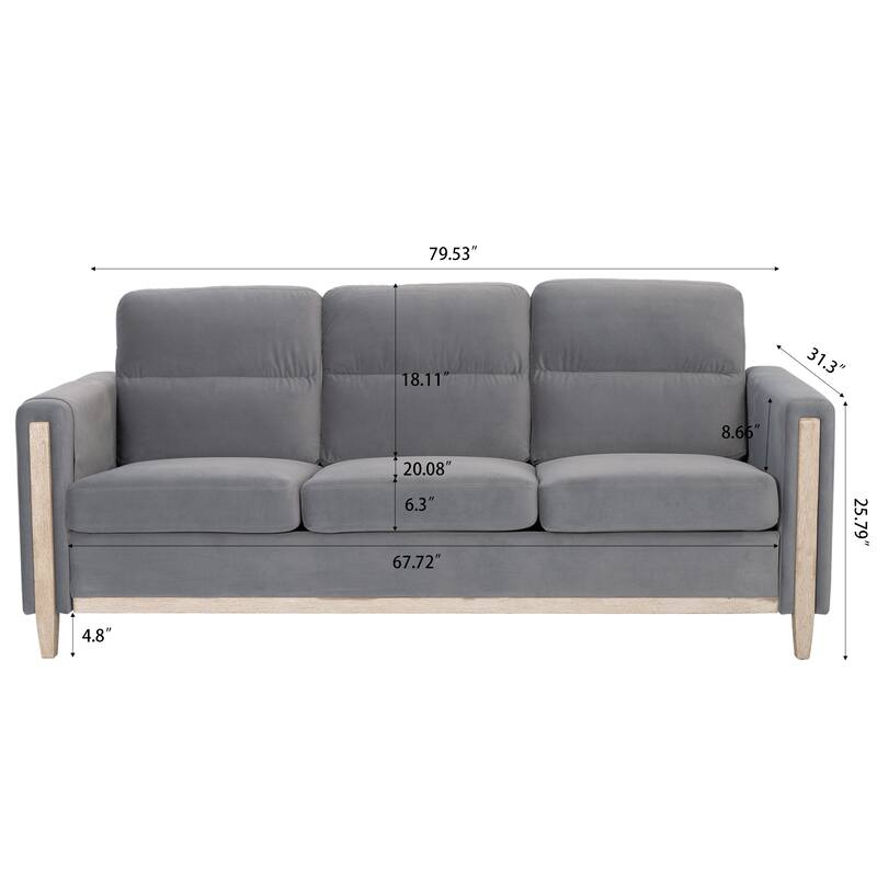 Modern Solid Wood 3 Seat Couch, 79.5" Fabric Upholstered Sofa with Square Arm for Living Room and Apartment