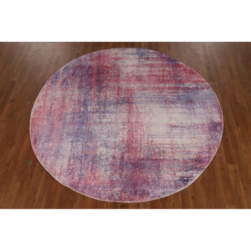 Contemporary Abstract Round Area Rug Handmade Beige Wool Carpet - 6'6" x 6'6"