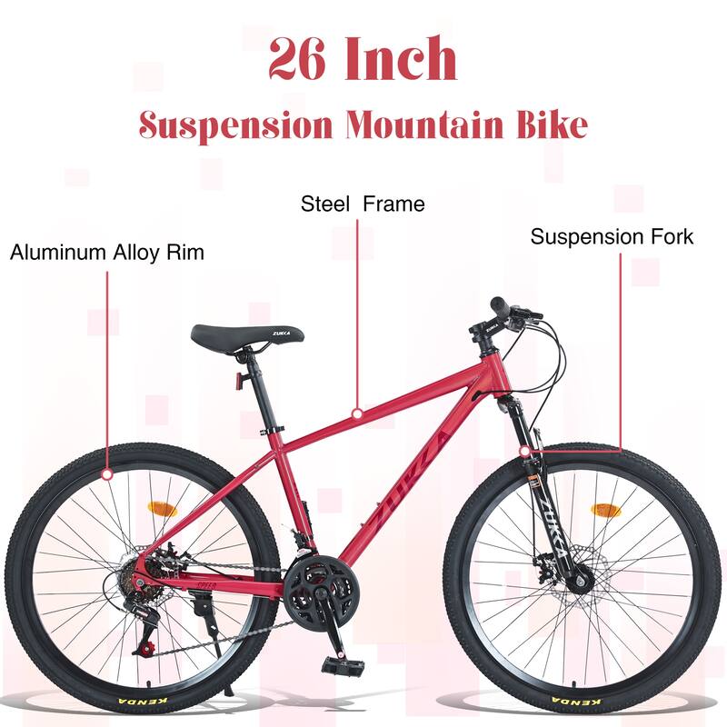 26 Inch Mountain Cycling Bike, 24 Speed Road Bicycle w/Dual Disc Brakes, Suspension Fork KENDA Tires for Teens, 16 Years and Up