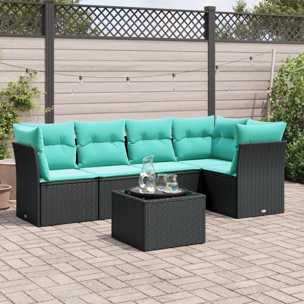 vidaXL 6 Piece Patio Sofa Set with Cushions Black Poly Rattan - 72.1x27.2x48.8