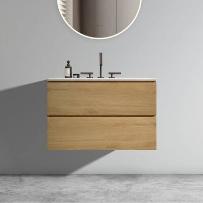36-Inch Space Grey Wall Mount Bathroom Vanity with Ceramic Sink, Silent Soft-Closing Drawers