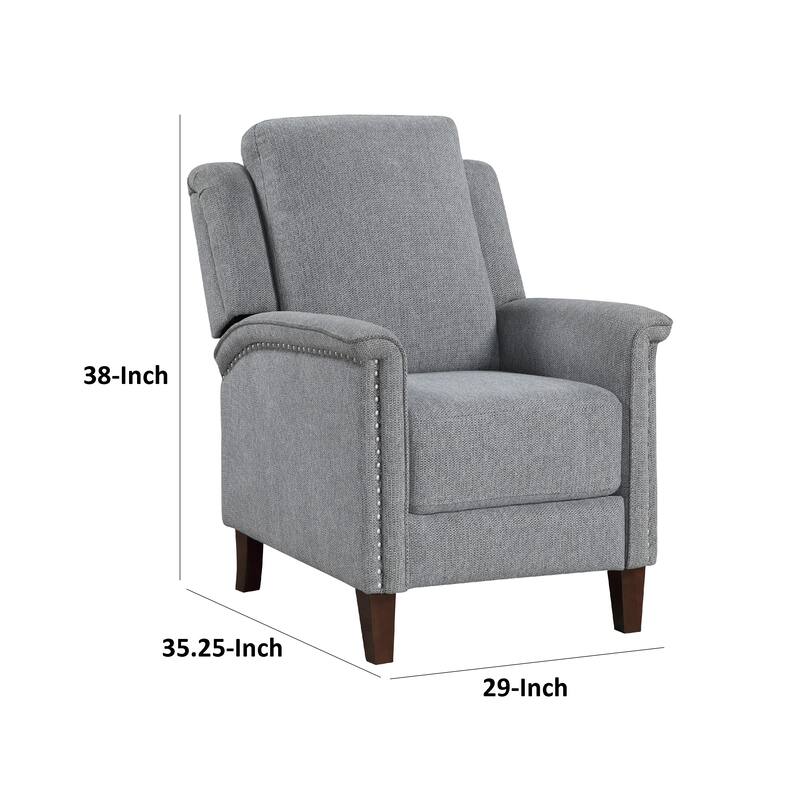 Push Back Recliner Chair, Gray Chenille, Nailhead Trim, Dark Brown