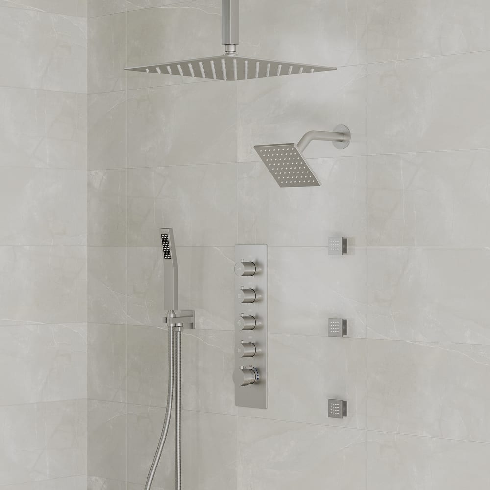 Dual Heads 16" Rainfall & High Pressure 6" Shower Head 3 Way Thermostatic Faucet System w/ 3 Body Jets