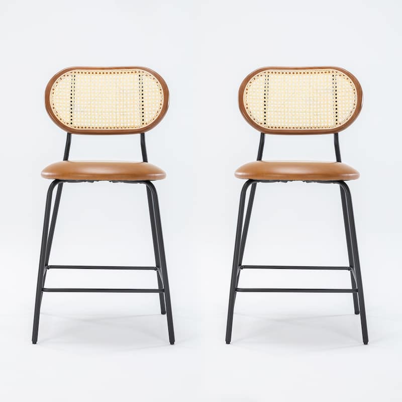 24 in. Rattan Counter Height Bar Stools with Faux Leather Seat (set of 2)