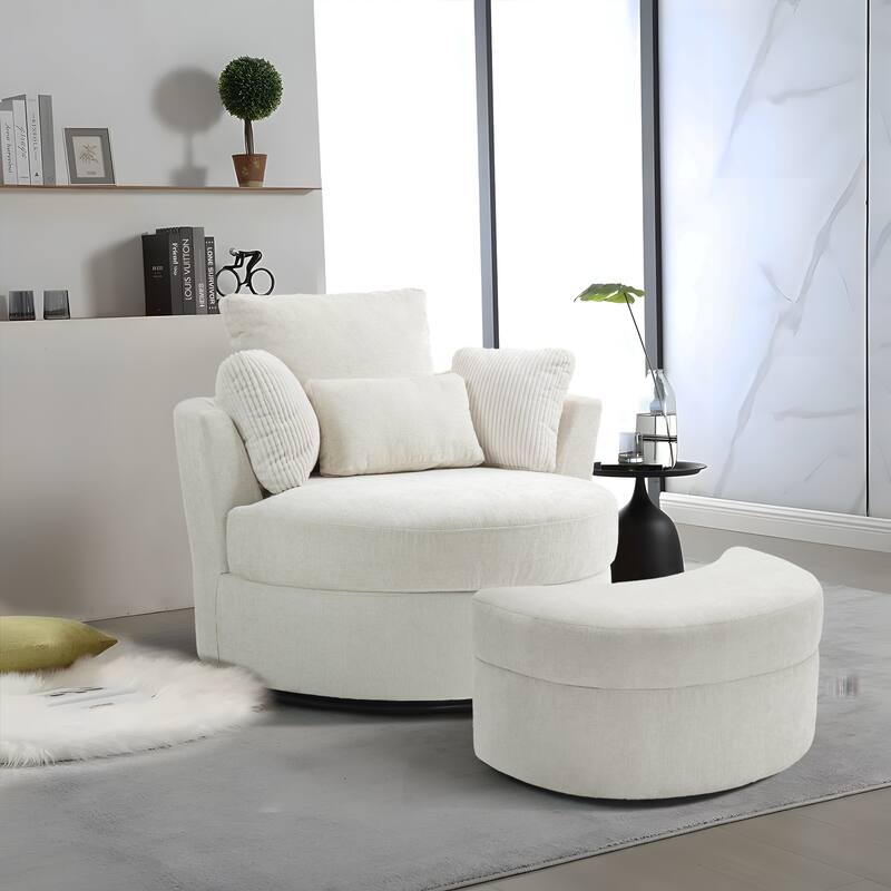 Chenille/Boucle Swivel Barrel Chair with Storage Ottoman