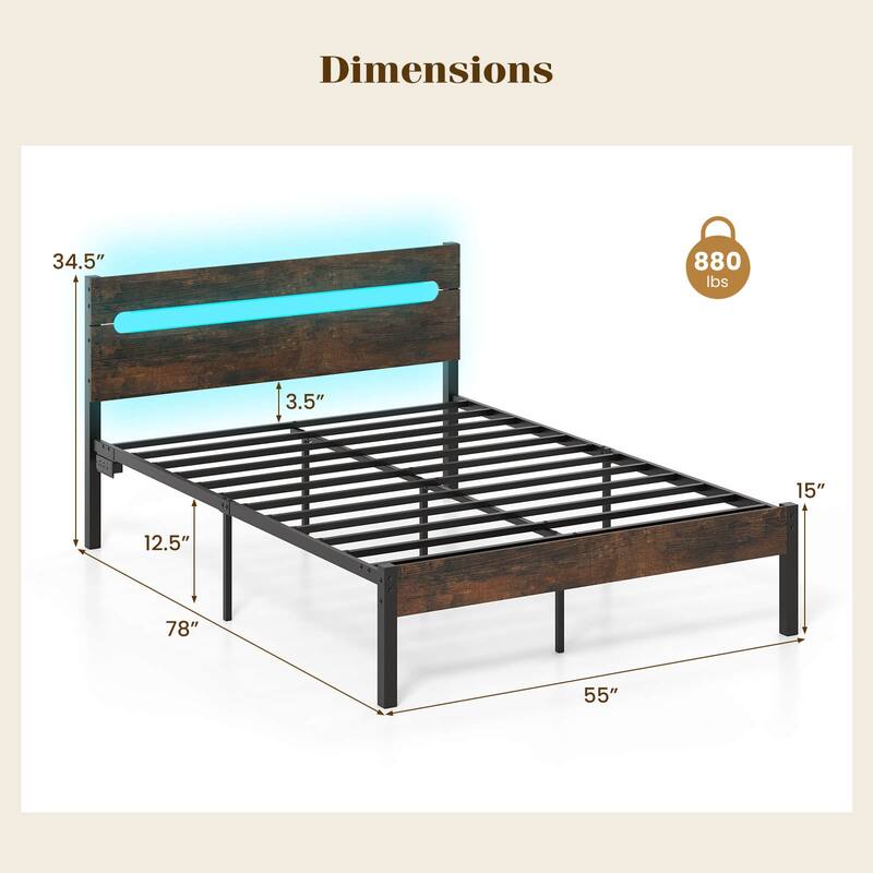 Costway Full Size Bed Frame with Built-in Charging Station Sturdy