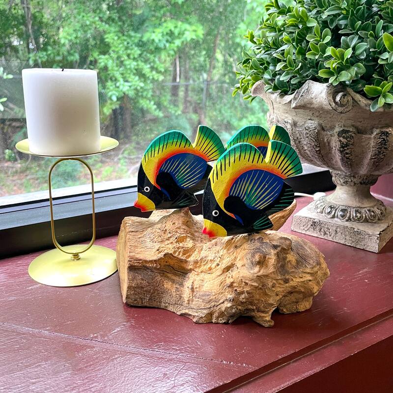 Handcrafted Driftwood & 3 Tropical Fish Sculpture Coastal Nautical - 6 X 7.5 X 7 inches