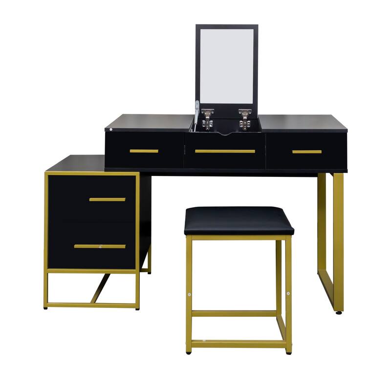 Vanity Desk with Flip Top Mirror, Large Wooden Dresser Table, Makeup Vanity Set with 4 Storage Drawers and Cushioned Stool