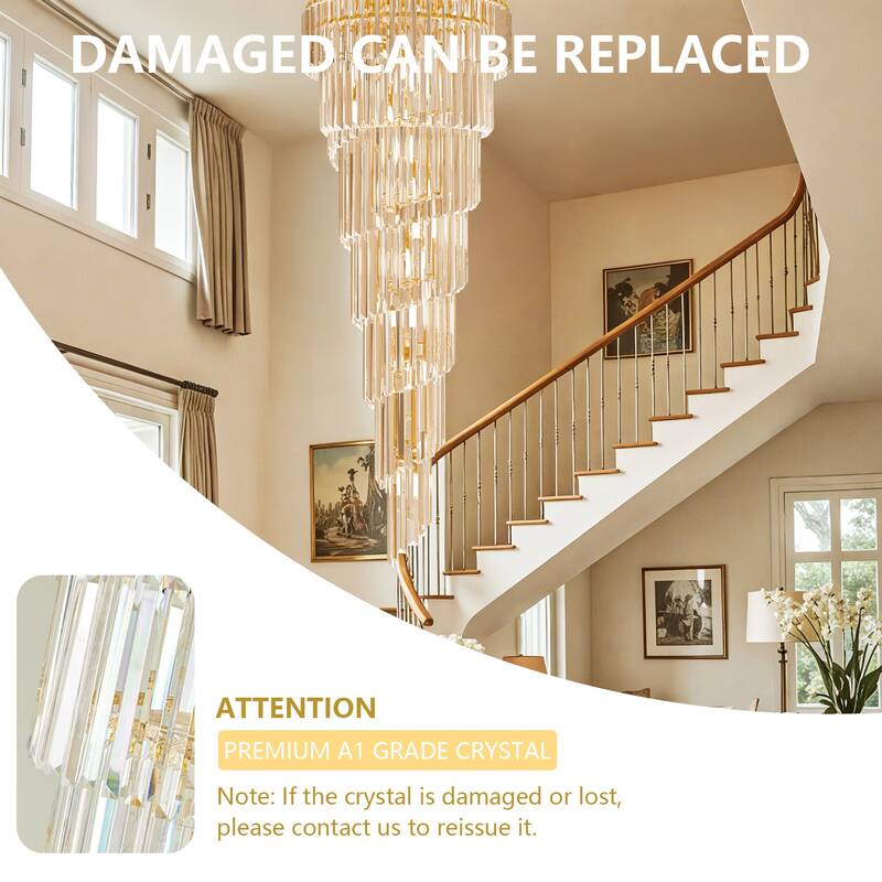 Extra Large Long Grand Spiral Crystal Chandelier Ceiling LED Tiered Pendant Light with Gold Frame