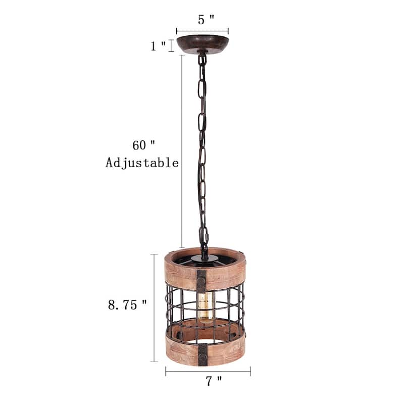 Anmytek Round Pendant Light Metal Wood Chandelier Rustic Loft Antique Edison Light Fixtures and Ceiling Light