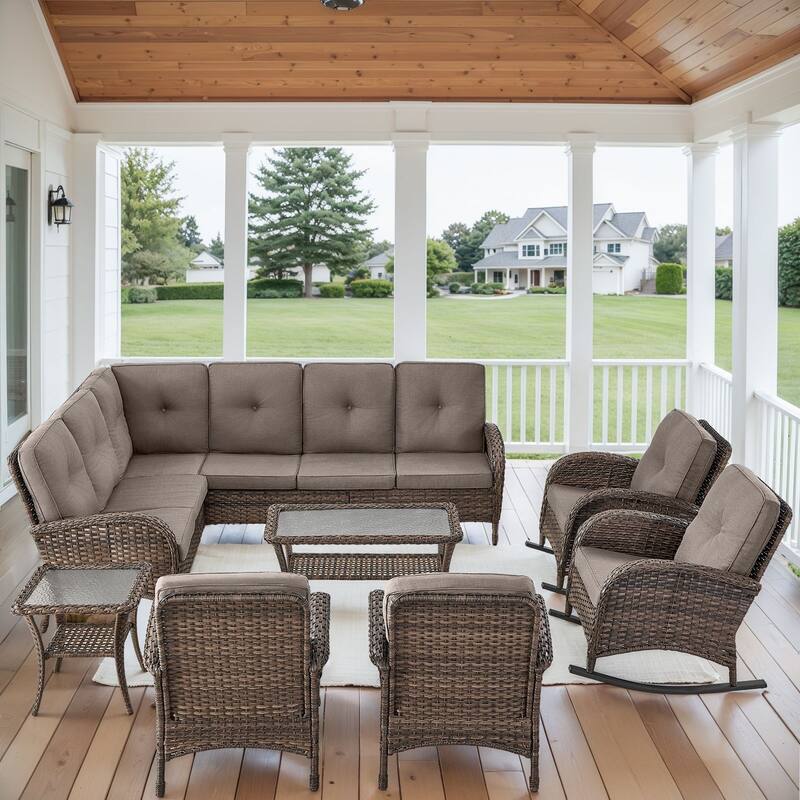 Patio Sectional Sofa Chairs with Rocking Chairs Set - Brown - Grey
