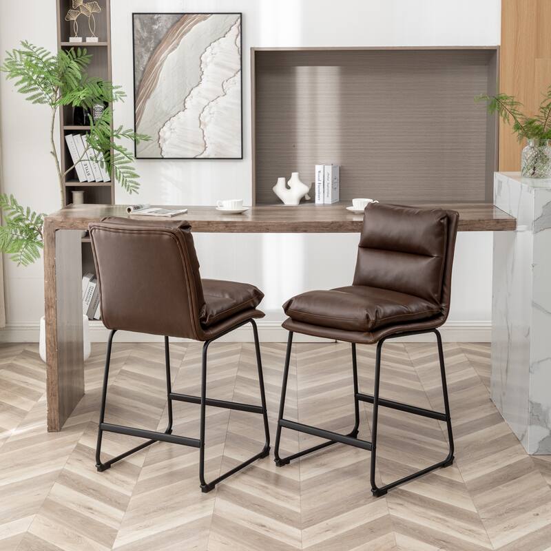 Metal Frame Bar Stools Set of 2, Faux Leather Upholstered Counter Height Bar Chair with Footrest for Kitchen, Dining Room - Brown
