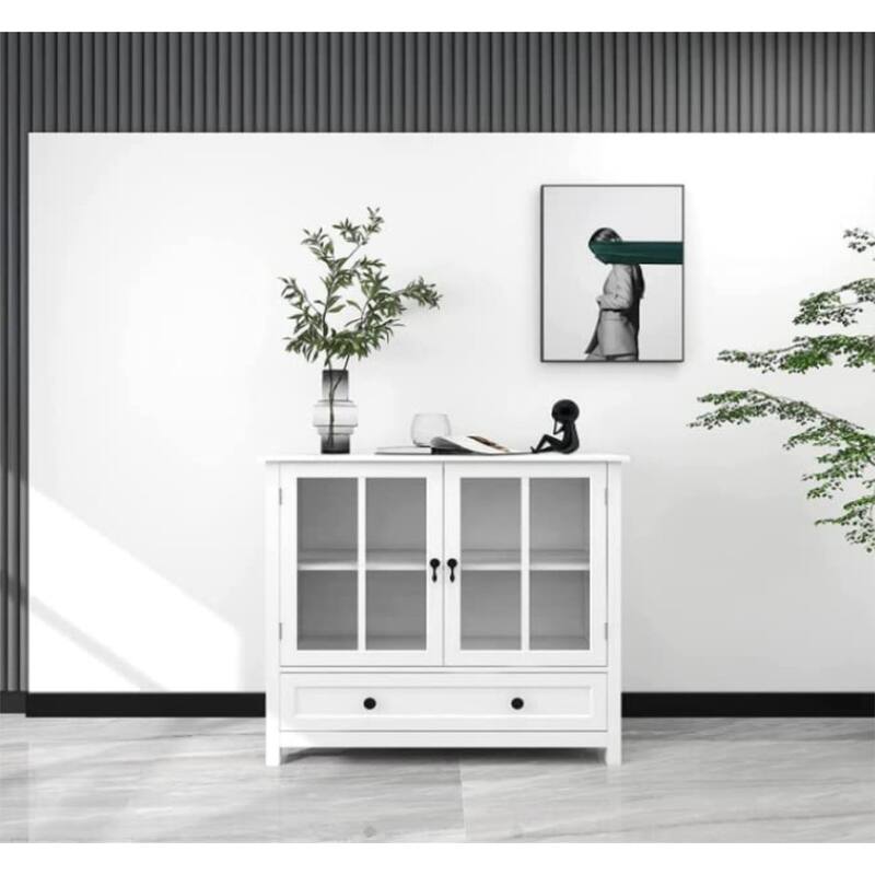 Modern Storage Cabinet, Decorative Console Table with Metal Handles, Glass Doors, Compartments and Drawer