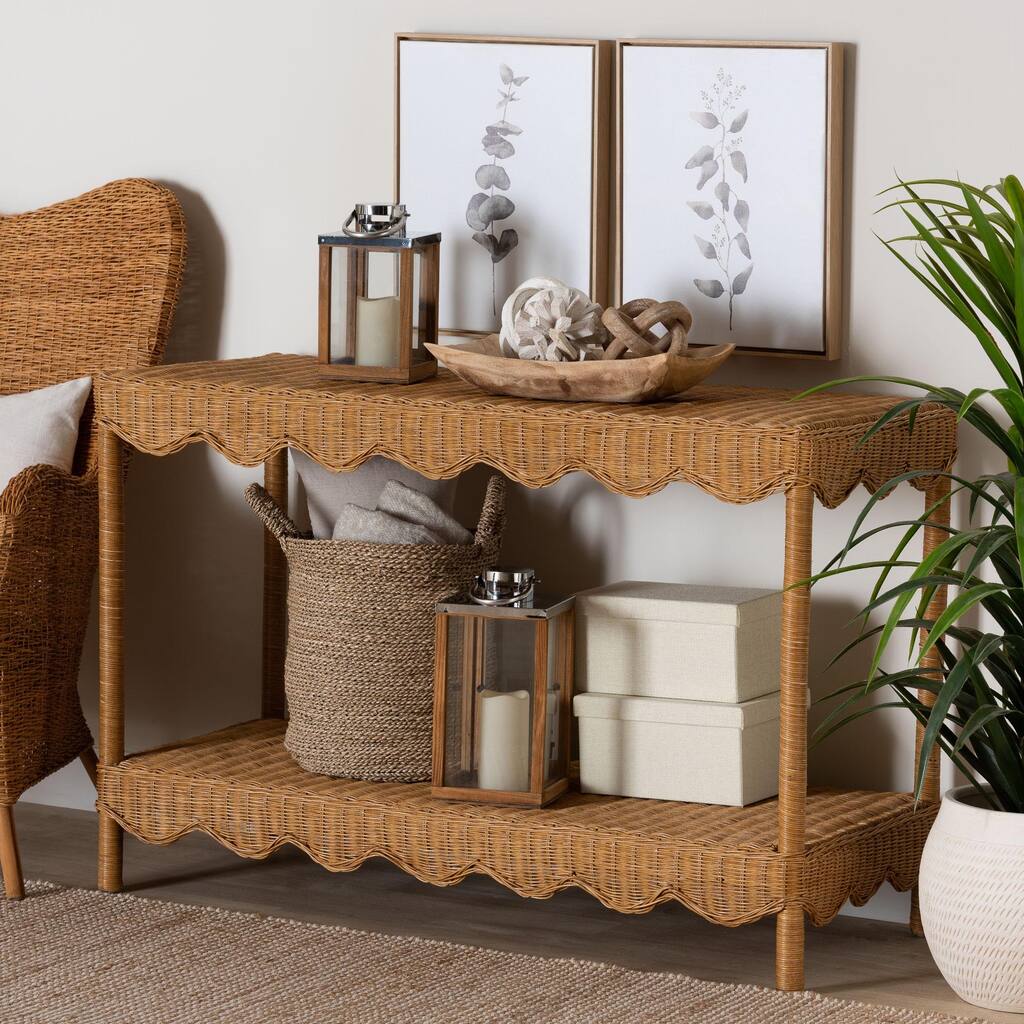 Oteria Bohemian Light Honey Scalloped Rattan Console Table