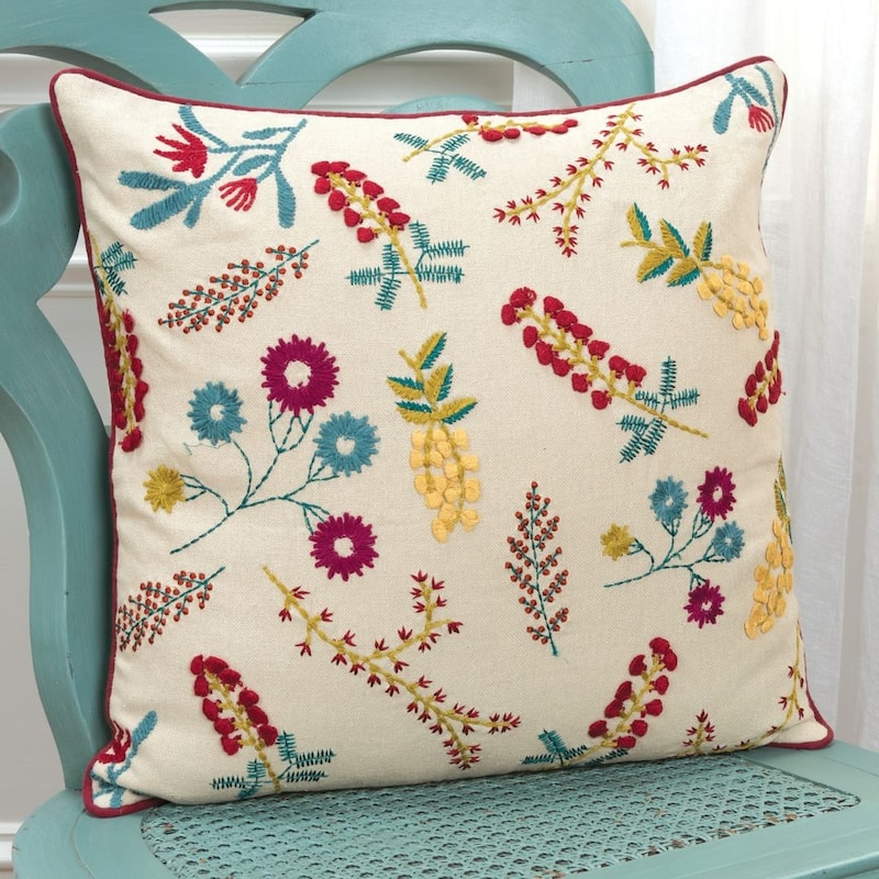 Yellow Floral Embroidered Decorative Pillow
