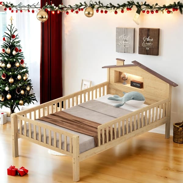 slide 2 of 13, Wood House-shaped Twin Size Platform Bed with LED and Built-in Storage Natural