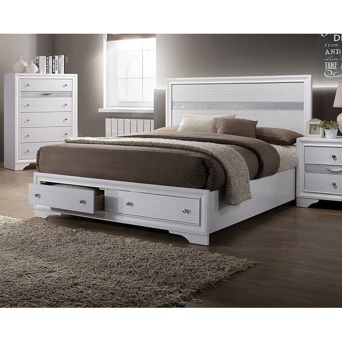 Queen Size White Panel Headboard Bed with Drawers, Contemporary Bedroom Furniture - White