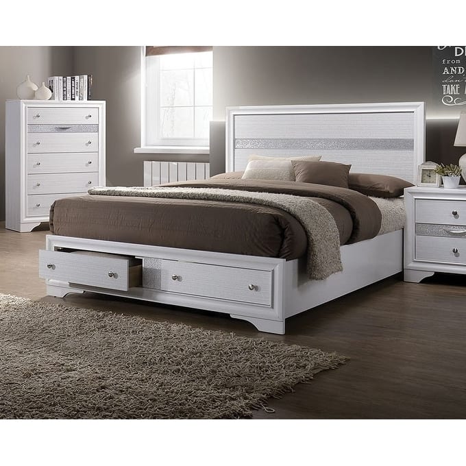 Queen Size Wood Storage Bed with Footboard Drawers and Panel Headboard - White
