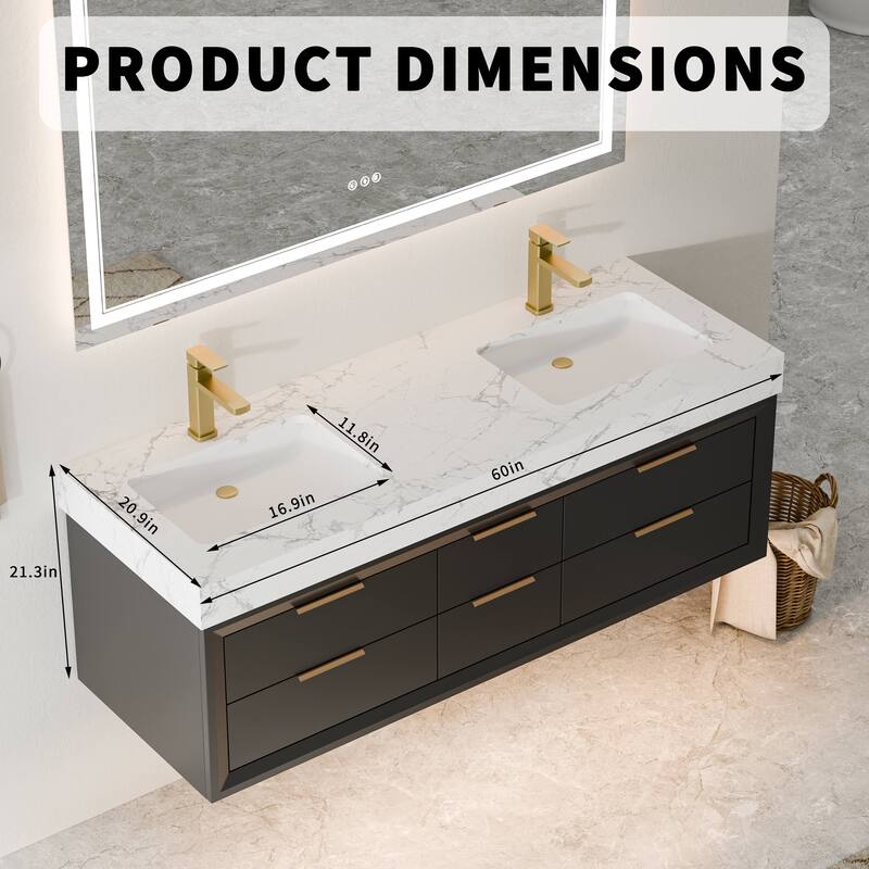 Modland 60" Modern Floating Bathroom Vanity with Double Sink, Soft-Close Drawers, White Stone Countertop