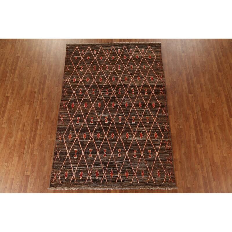 Hand Knotted Oriental 100% Wool Carpet Tribal Trellis Brown Moroccan Area Rug - 9' 11'' X 6' 8''