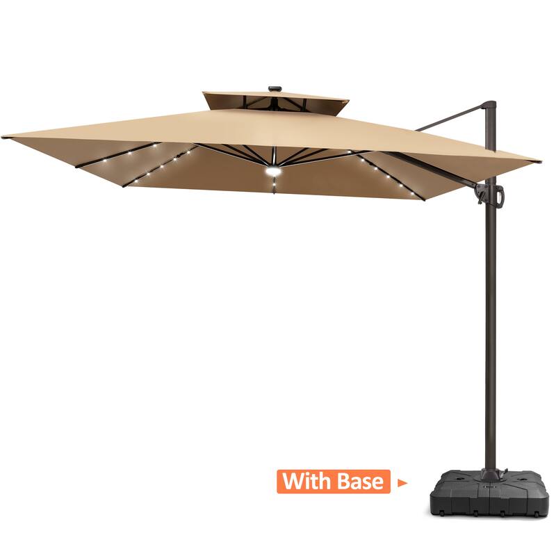 VredHom 11X11 FT Outdoor Square Cantilever Patio Aluminum Umbrella Solar LED Light with Wheel Base