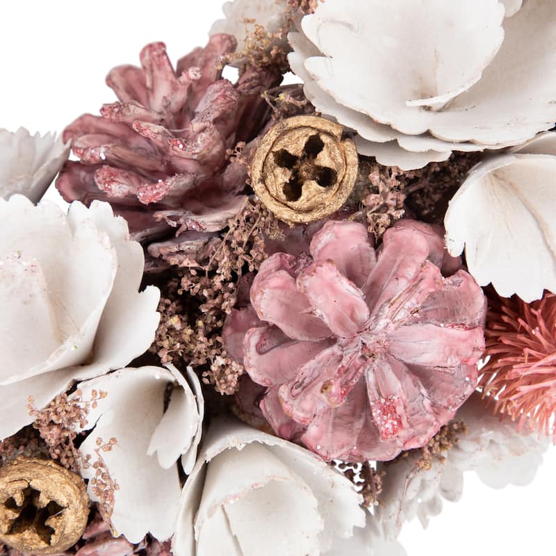 13" White and Pink Wooden Floral Christmas Wreath with Pinecones