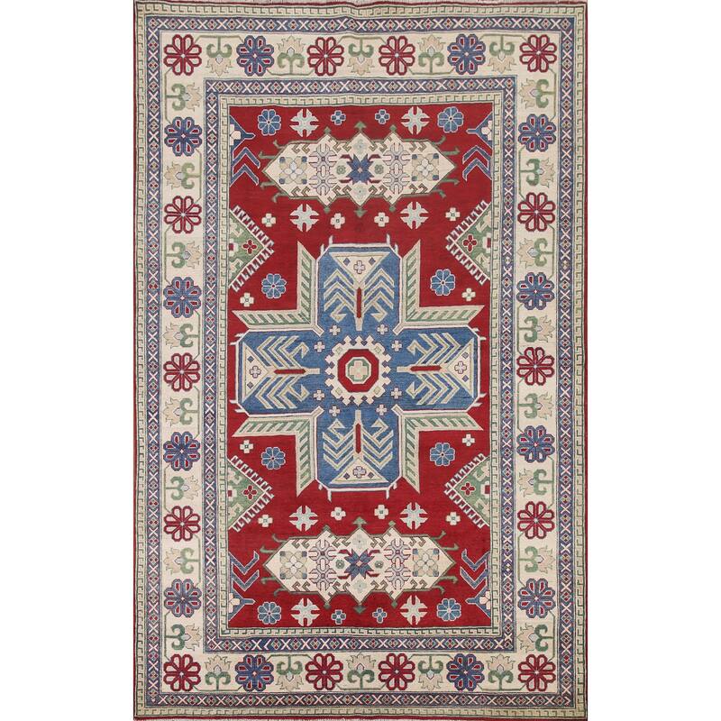 Hand Knotted Oriental 100% Wool Carpet Traditional Geometric Red Kazak Area Rug - 9' 10'' X 6' 9''