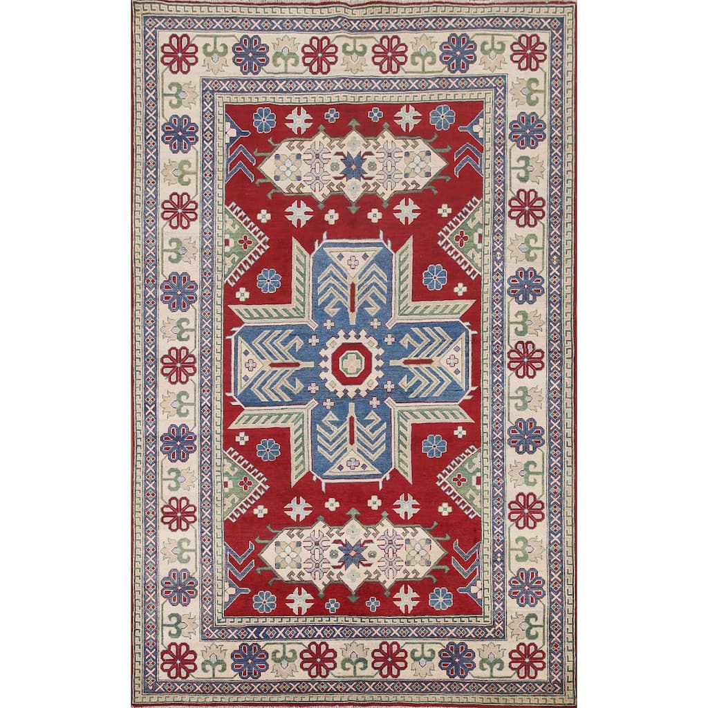 Hand Knotted Oriental 100% Wool Carpet Traditional Geometric Red Kazak Area Rug - 9' 10'' X 6' 9''
