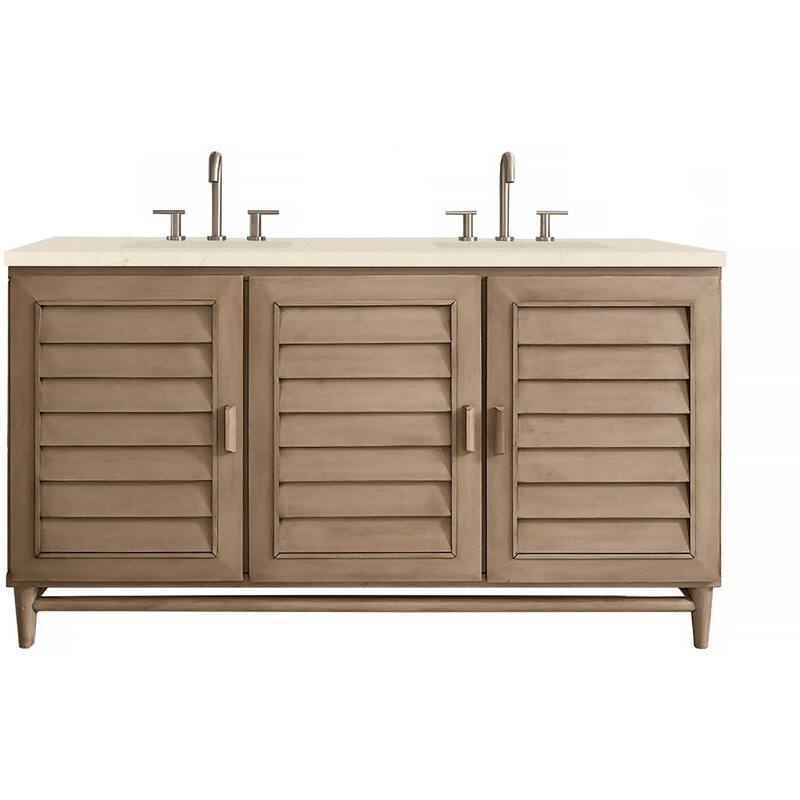 James Martin Vanities Portland 60" Double Basin Hardwood Vanity Set - Whitewashed Walnut - Walnut Finish