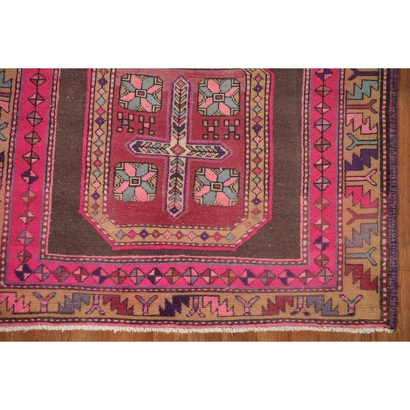 Ardebil Persian Vintage Runner Rug Handmade Geometric Wool Carpet - 3'8" x 10'6"