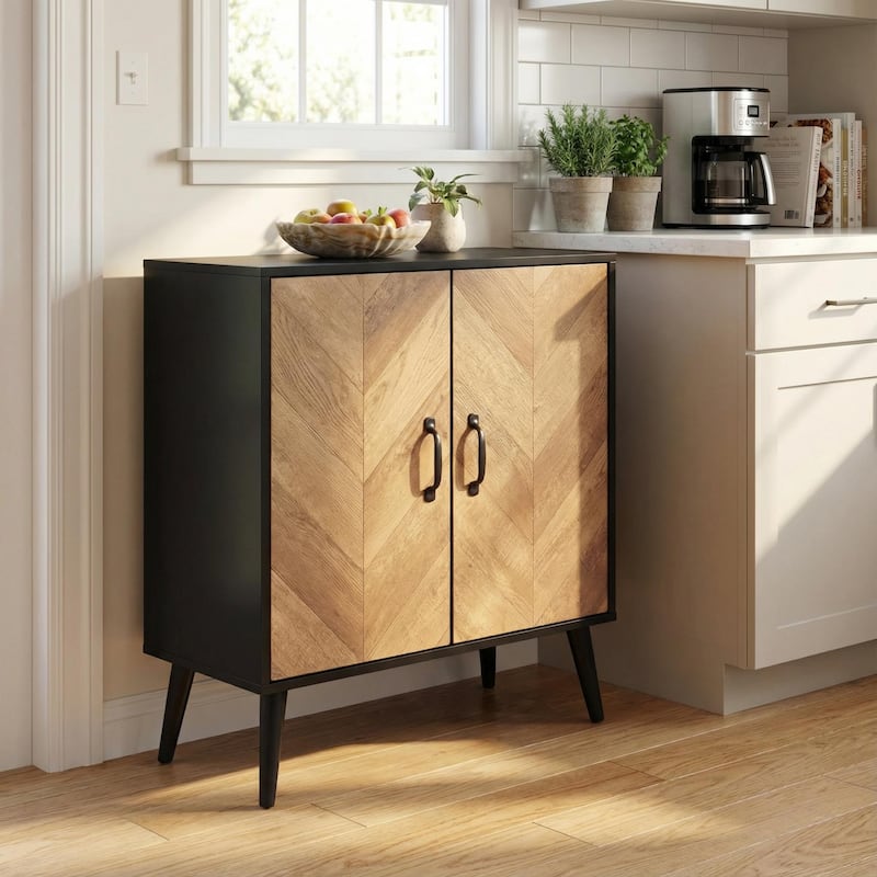 Homy Casa Herringbone Accent Cabinet, Adjustable Shelf, Living Sideboard - Black