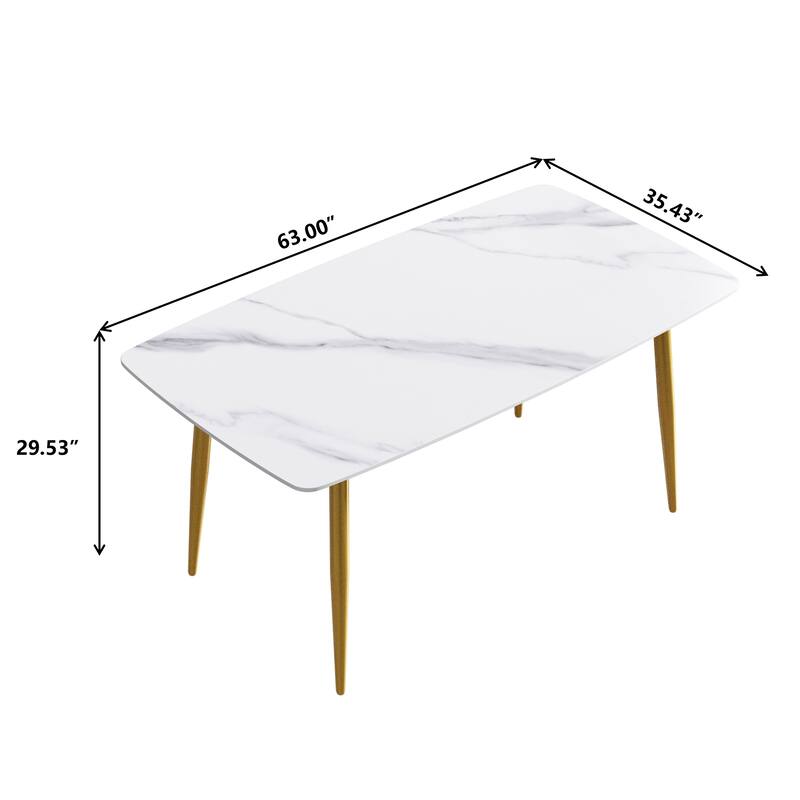 63" Modern Dining Table,Sintered Stone Tabletop and Solid Gold Carbon Steel Base