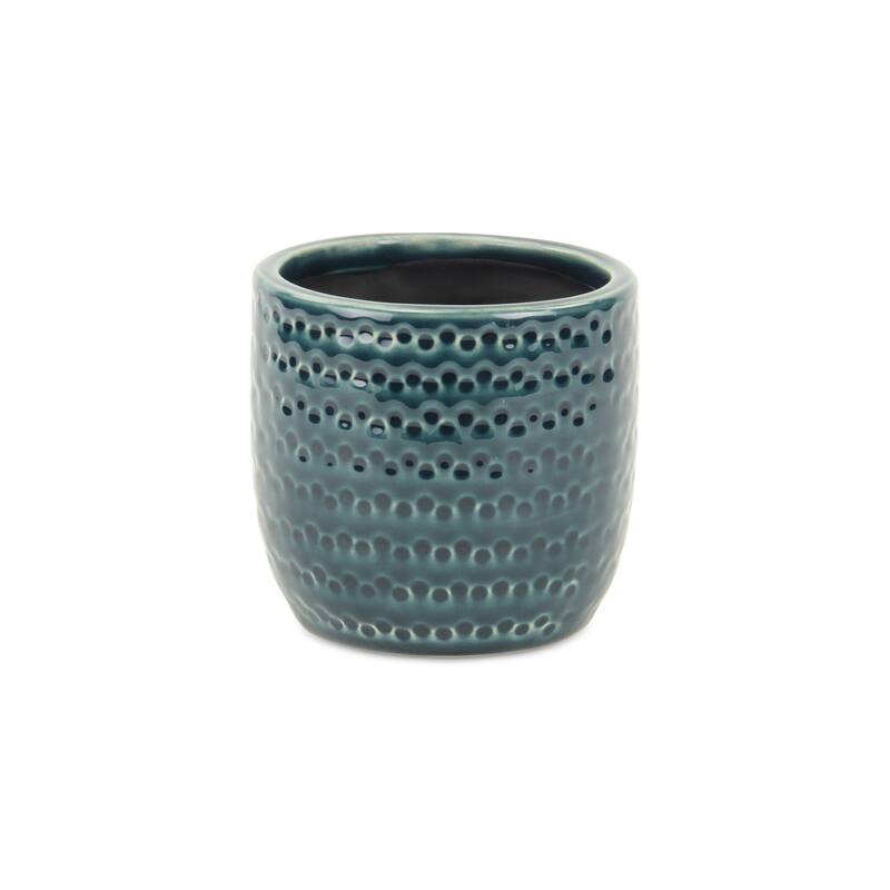 HomeRoots Teal Blue Ceramic 17 Ounce Dotted Round Distressed Pot Planter - 4.25 in. x 4.25 in. x 4.25 in.