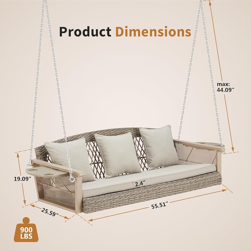 3-Seat Outdoor Porch Swing with Cushions, 900 LBS Capacity, Hanging Chains for Deck, Backyard, Lawn