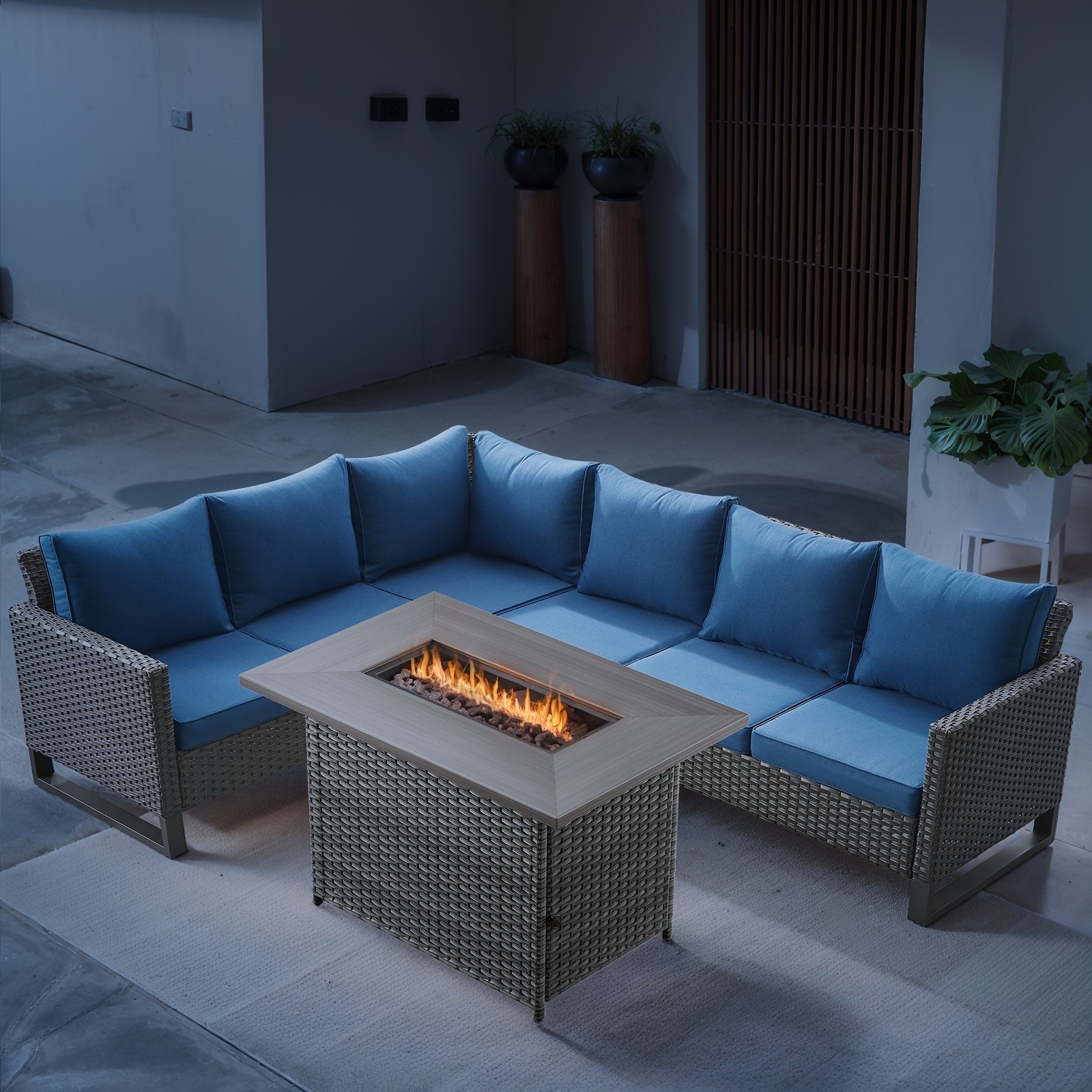 Outdoor PE Wicker Funiture with Fire Pit Table - Blue cushion - Grey