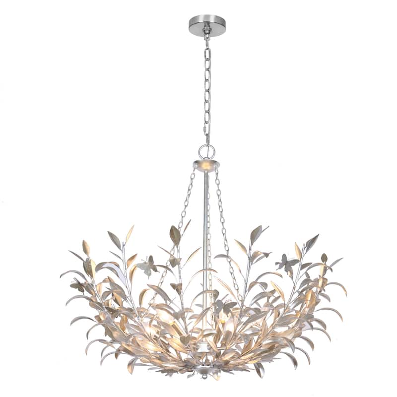 Modern Vintage 6-Light Silver Chandelier Handcrafted Silver Foil Antique Leaf & Butterfly Ceiling Light