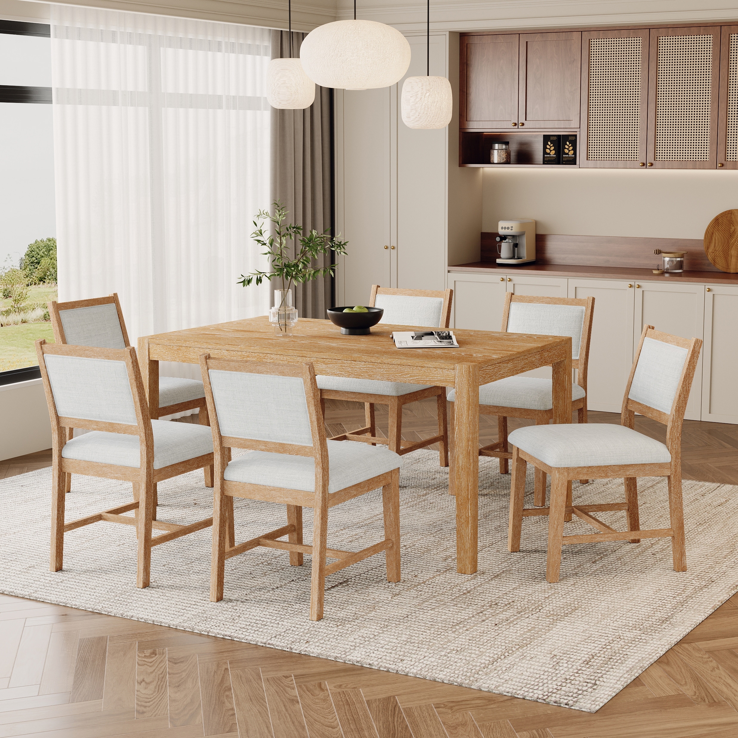 7-Piece, Retro Dining Table Set with Rectangular Wood Dining Table Set and 6 Chairs, for Dining Room and Kitchen, Natural